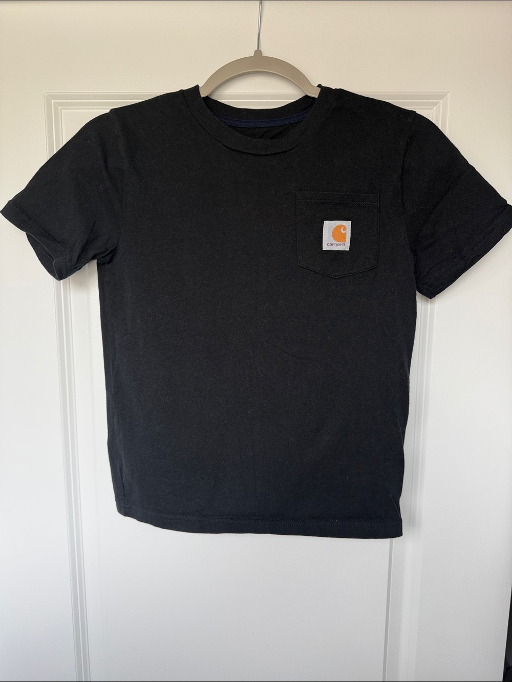 Boys Carhartt Black Short-Sleeve Pocket Tee with Orange Logo Patch size small 8
